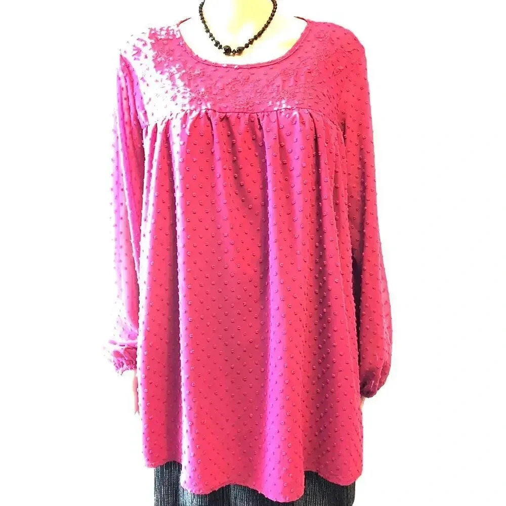 Suzanne Betro Boho Barbiecore Babydoll Women Pink  Blouse Top Size M-1X
